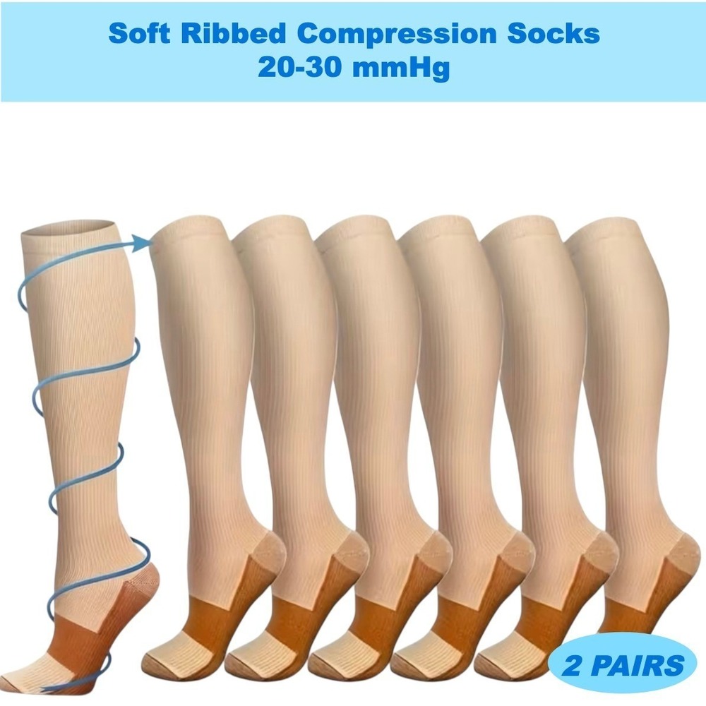 Unisex 20-30 mmHg Compression Socks L/XL Knee High Medical Beige Rib 2 Pack NEW‎